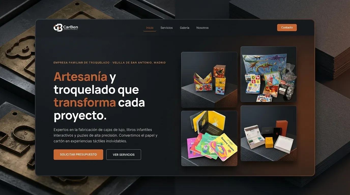 Portada de la web de CarBen: «Artesanía y troquelado que transforma cada proyecto», con fotos de cajas y libros troquelados