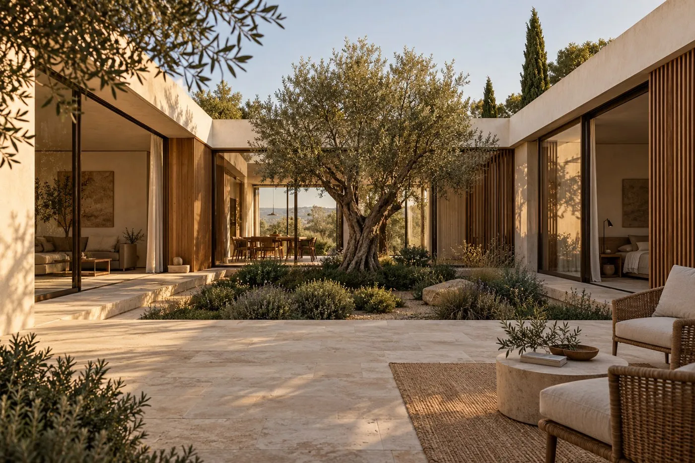 Visualización ilustrativa de una vivienda contemporánea abierta a un patio con olivo